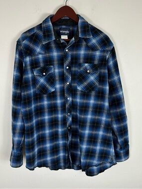 Wrangler Blue Black Plaid Pearl Snap Flannel XLT